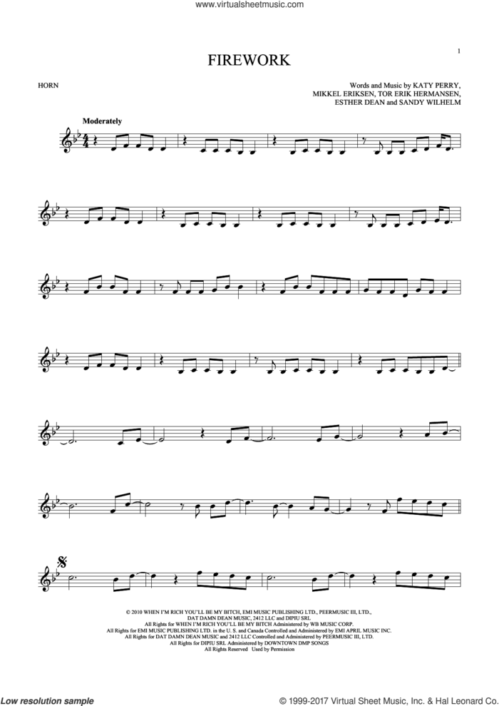 Firework sheet music for horn solo by Katy Perry, Ester Dean, Mikkel Eriksen, Sandy Wilhelm and Tor Erik Hermansen, intermediate skill level