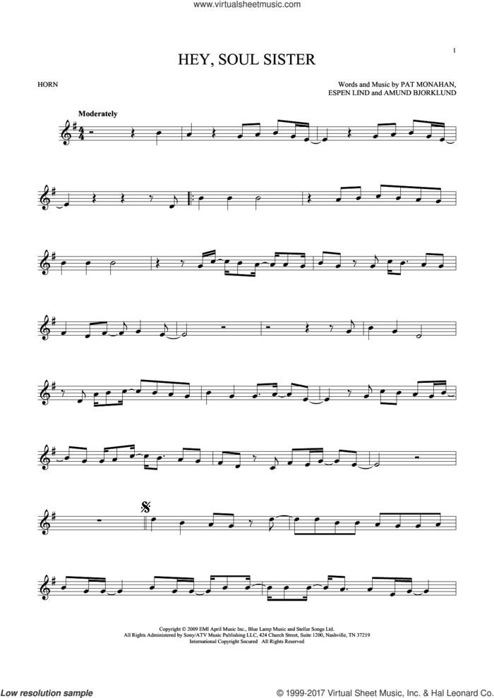 Hey, Soul Sister sheet music for horn solo by Train, Amund Bjorklund, Espen Lind and Pat Monahan, intermediate skill level
