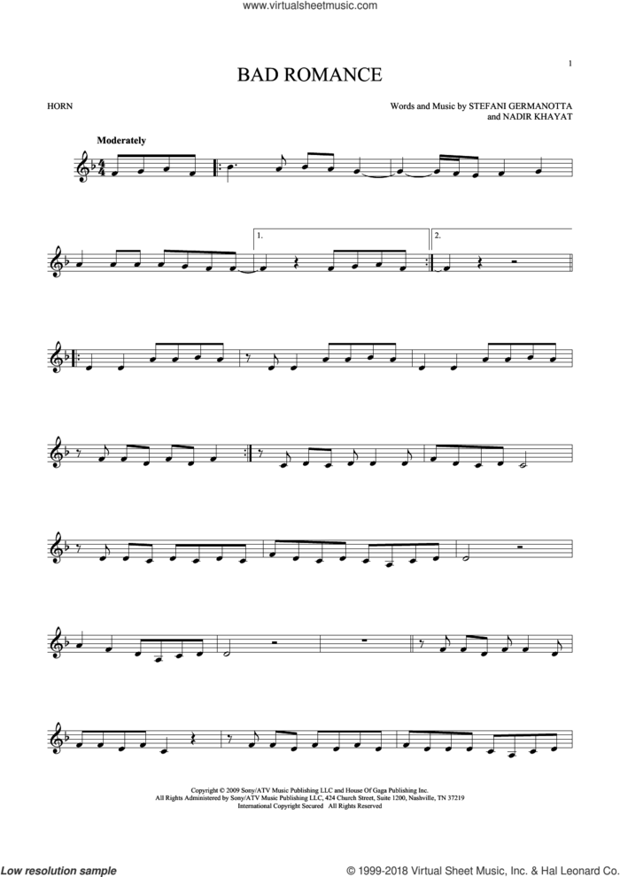 Bad Romance sheet music for horn solo by Lady Gaga and Nadir Khayat, intermediate skill level