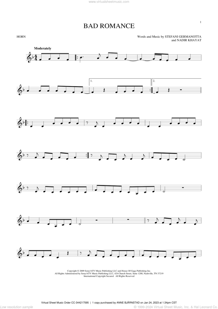 Bad Romance sheet music for horn solo by Lady Gaga and Nadir Khayat, intermediate skill level