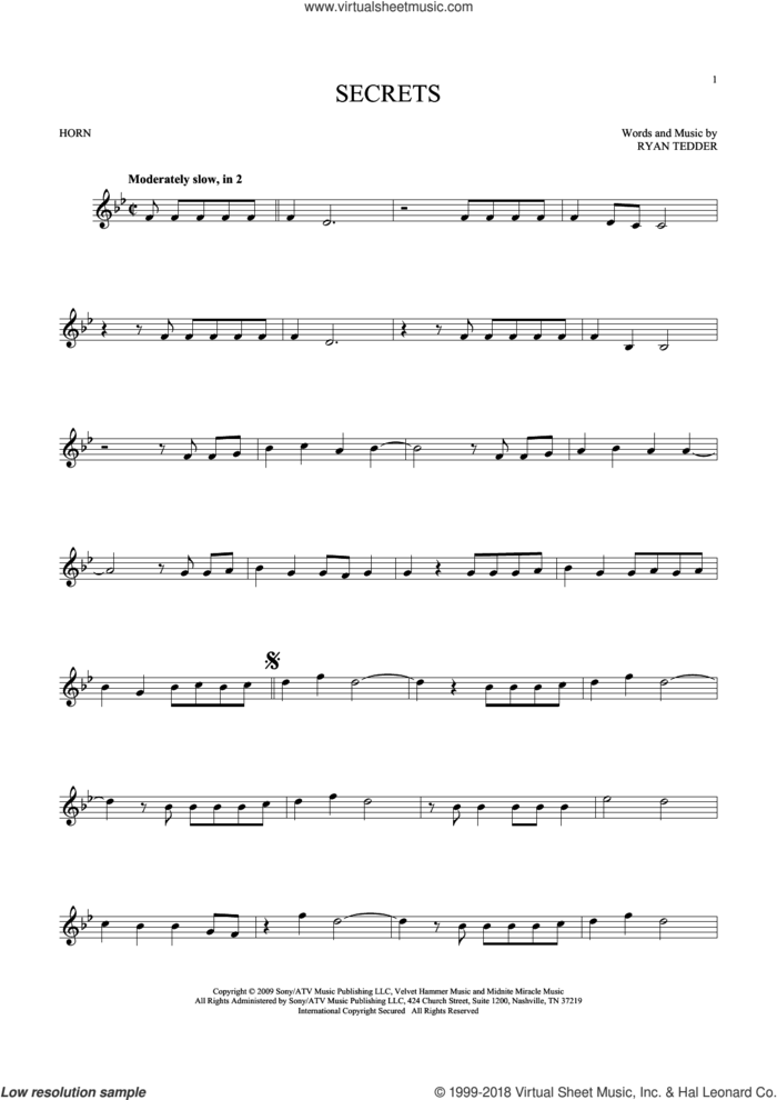 Secrets sheet music for horn solo by OneRepublic and Ryan Tedder, intermediate skill level