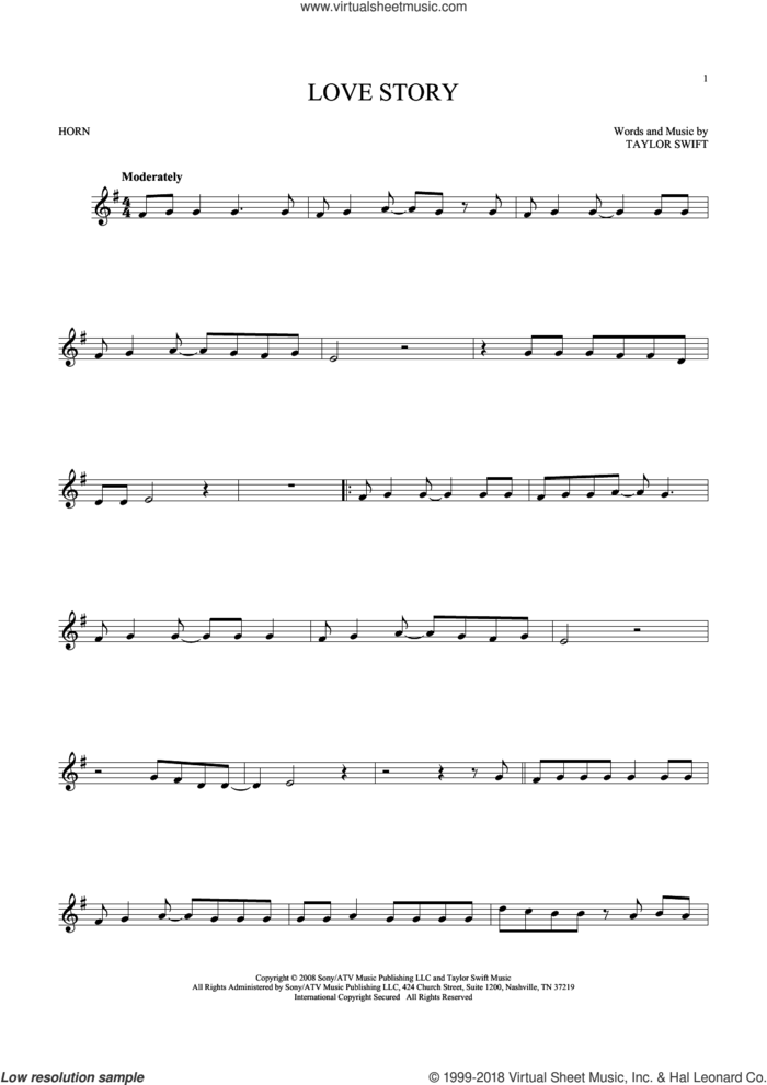 Love Story sheet music for horn solo by Taylor Swift, intermediate skill level