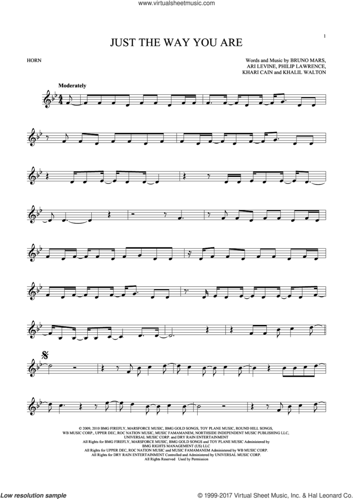 Just The Way You Are sheet music for horn solo by Bruno Mars, Khalil Walton, Khari Cain and Philip Lawrence, wedding score, intermediate skill level