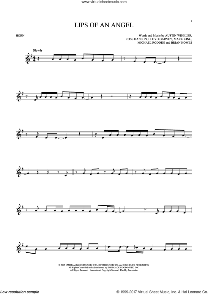Lips Of An Angel sheet music for horn solo by Hinder, Austin Winkler, Brian Howes, Lloyd Garvey, Mark King, Michael Rodden and Ross Hanson, intermediate skill level