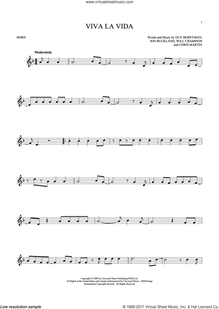 Viva La Vida sheet music for horn solo by Coldplay, Chris Martin, Guy Berryman, Jon Buckland and Will Champion, intermediate skill level