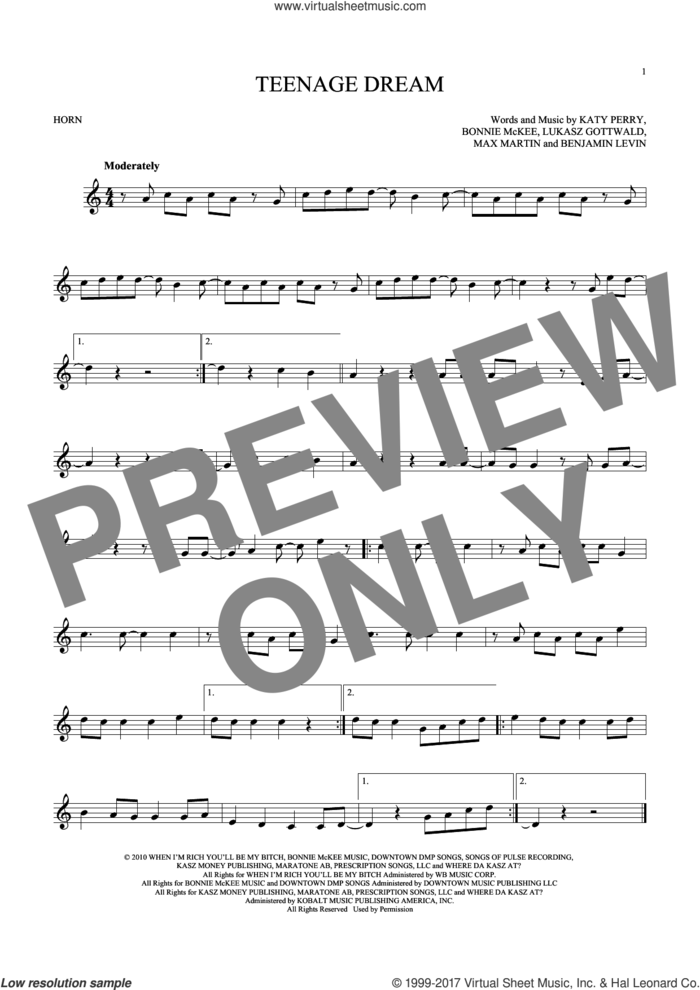 Teenage Dream sheet music for horn solo by Katy Perry, Benjamin Levin, Bonnie McKee, Lukasz Gottwald and Max Martin, intermediate skill level