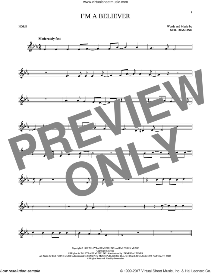 I'm A Believer sheet music for horn solo by Neil Diamond and The Monkees, intermediate skill level