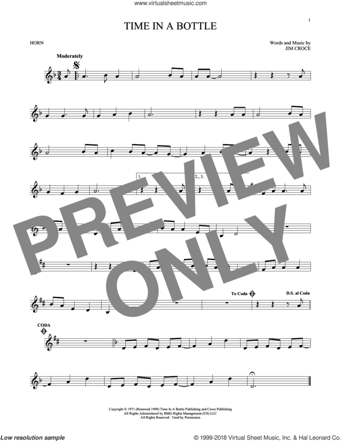 Time In A Bottle sheet music for horn solo by Jim Croce, intermediate skill level