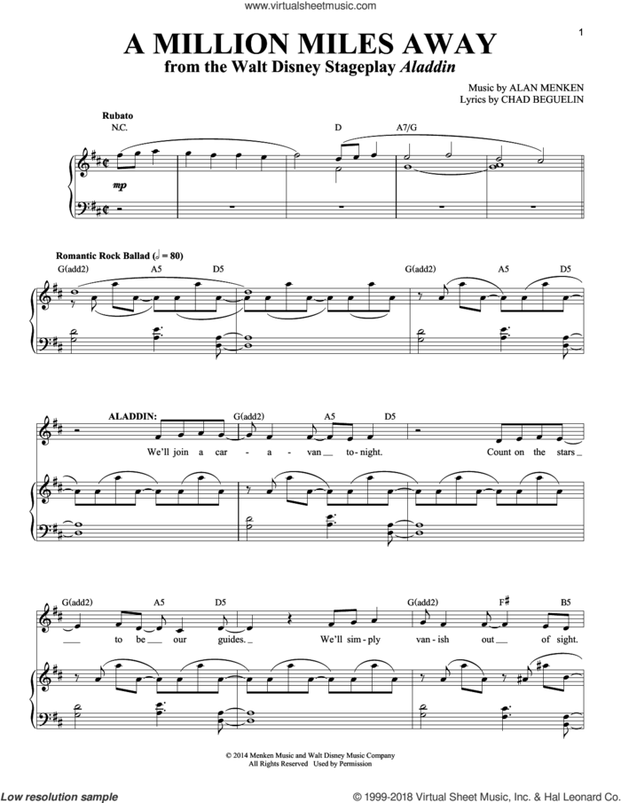 A Million Miles Away sheet music for two voices and piano by Alan Menken, Richard Walters and Chad Beguelin, intermediate skill level