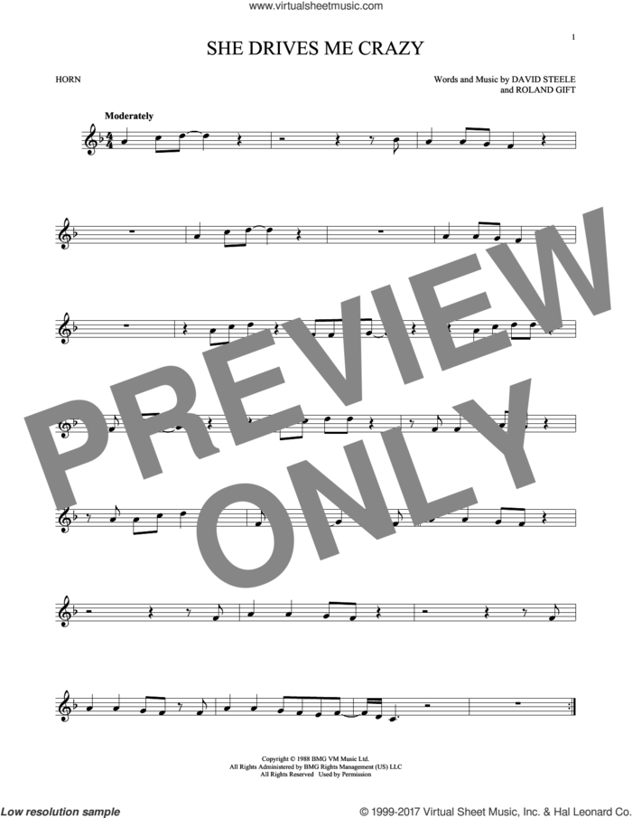 She Drives Me Crazy sheet music for horn solo by Fine Young Cannibals, David Steele and Roland Gift, intermediate skill level