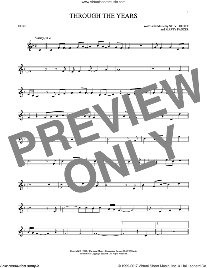 Through The Years sheet music for horn solo by Kenny Rogers, Marty Panzer and Steve Dorff, intermediate skill level