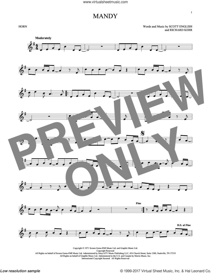 Mandy sheet music for horn solo by Barry Manilow, Richard Kerr and Scott English, intermediate skill level