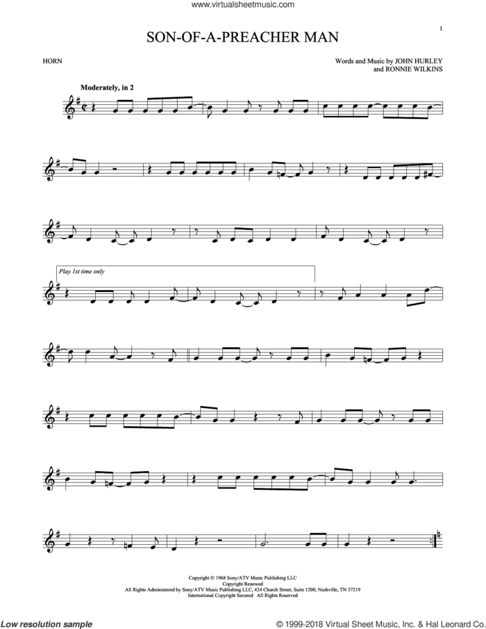 Son-Of-A-Preacher Man sheet music for horn solo by Dusty Springfield, John Hurley and Ronnie Wilkins, intermediate skill level