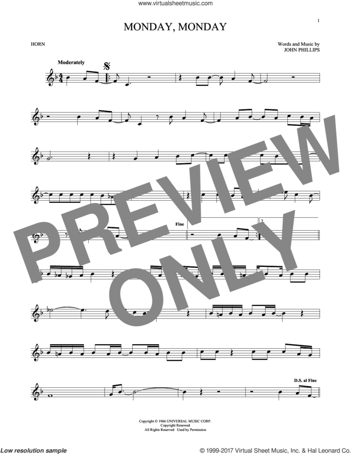 Monday, Monday sheet music for horn solo by The Mamas & The Papas and John Phillips, intermediate skill level
