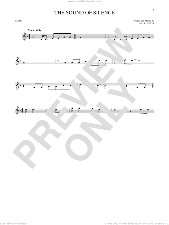 The Sound Of Silence sheet music for horn solo by Simon & Garfunkel and Paul Simon, intermediate skill level
