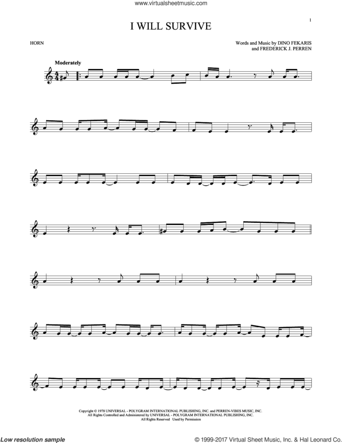 I Will Survive sheet music for horn solo by Gloria Gaynor, Chantay Savage and Frederick Perren, intermediate skill level