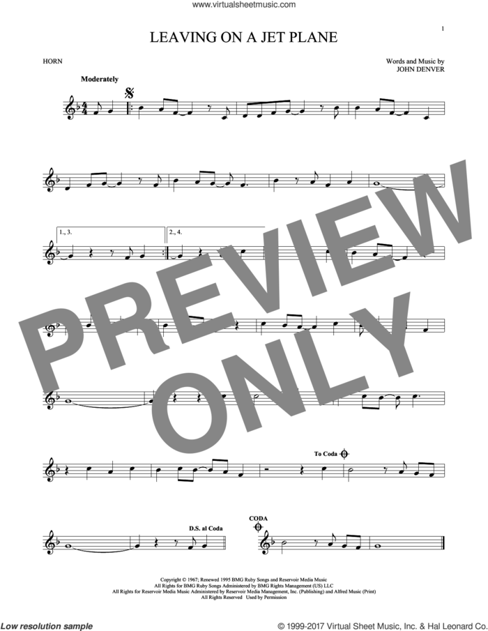 Leaving On A Jet Plane sheet music for horn solo by John Denver and Peter, Paul & Mary, intermediate skill level