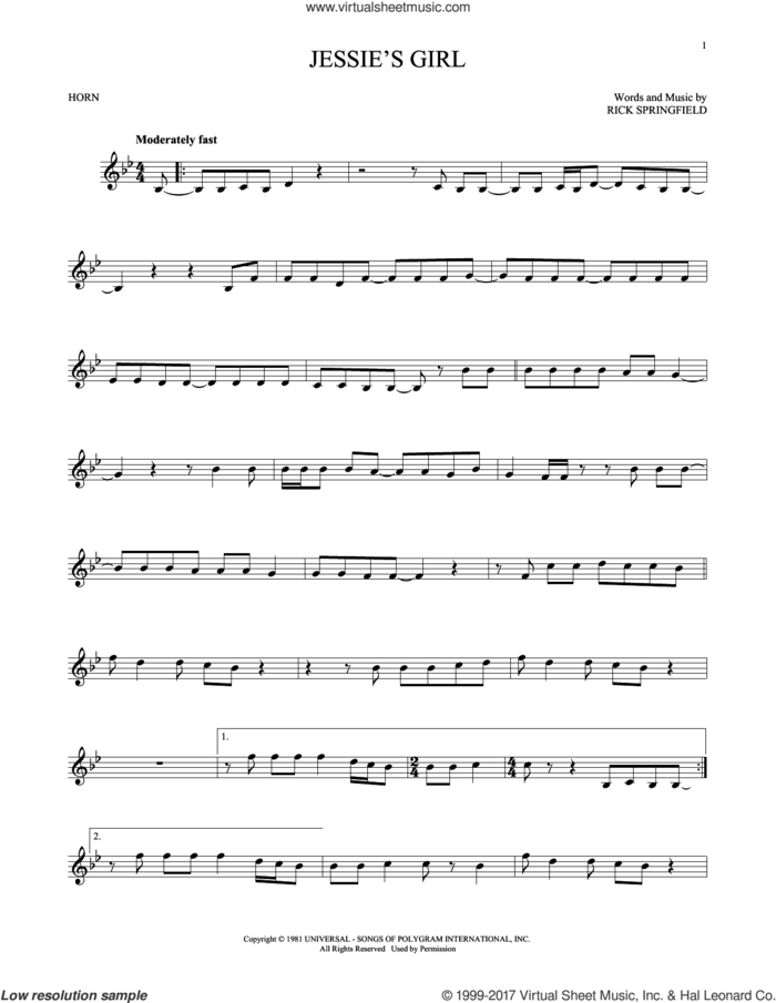 Jessie's Girl sheet music for horn solo by Rick Springfield, intermediate skill level