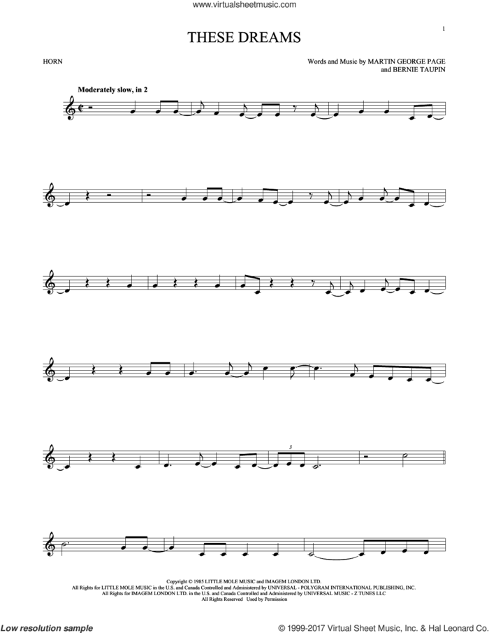 These Dreams sheet music for horn solo by Heart, Bernie Taupin and Martin George Page, intermediate skill level