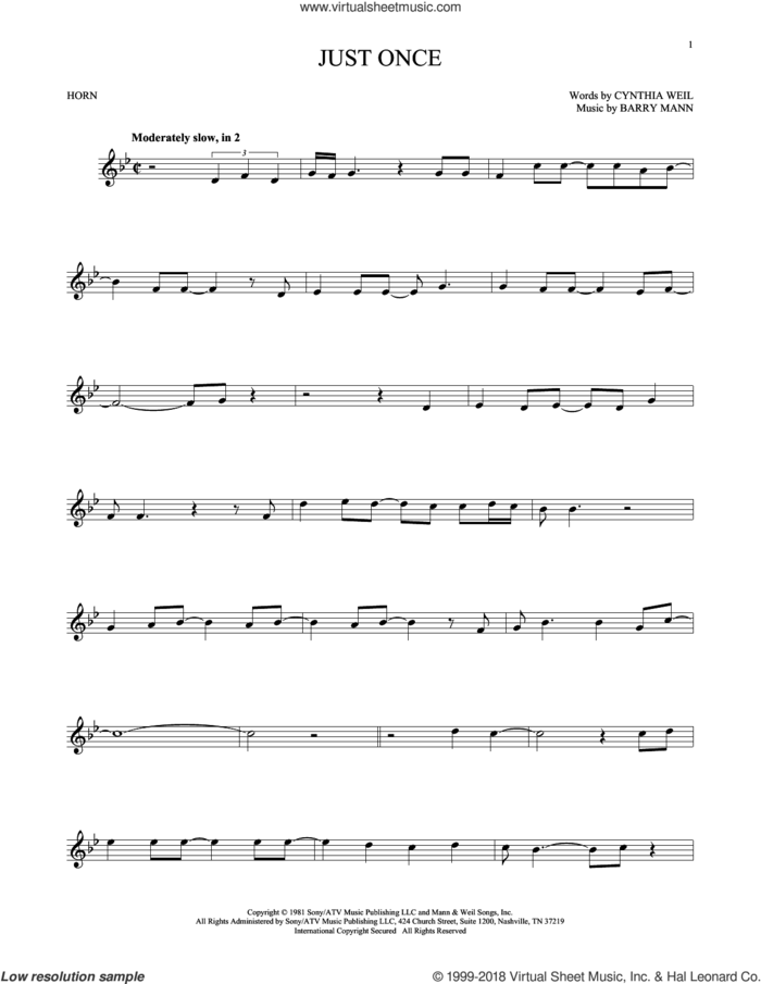 Just Once sheet music for horn solo by Quincy Jones featuring James Ingram, Barry Mann and Cynthia Weil, intermediate skill level