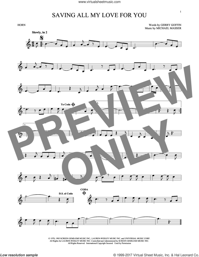 Saving All My Love For You sheet music for horn solo by Whitney Houston, Gerry Goffin and Michael Masser, intermediate skill level
