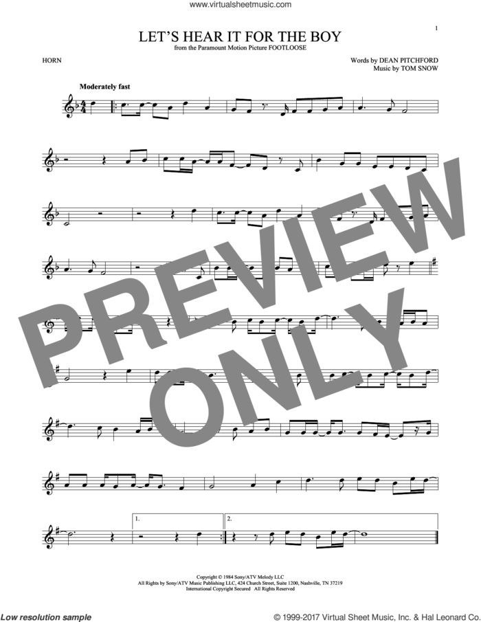 Let's Hear It For The Boy sheet music for horn solo by Deniece Williams, Dean Pitchford and Tom Snow, intermediate skill level
