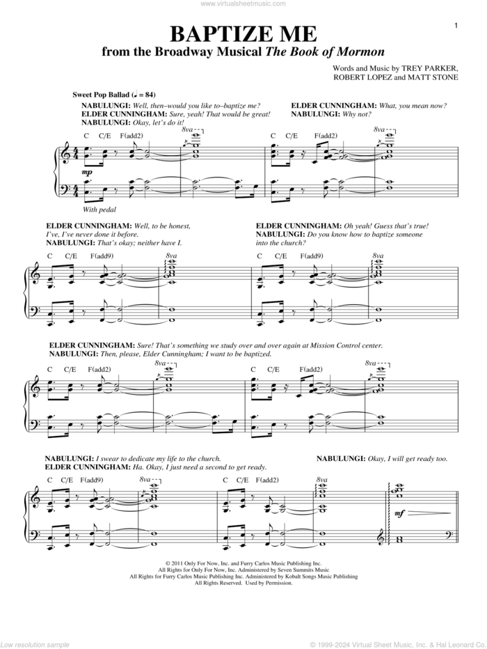 Baptize Me sheet music for voice and piano by Trey Parker & Matt Stone, Richard Walters, Matthew Stone, Robert Lopez and Trey Parker, intermediate skill level