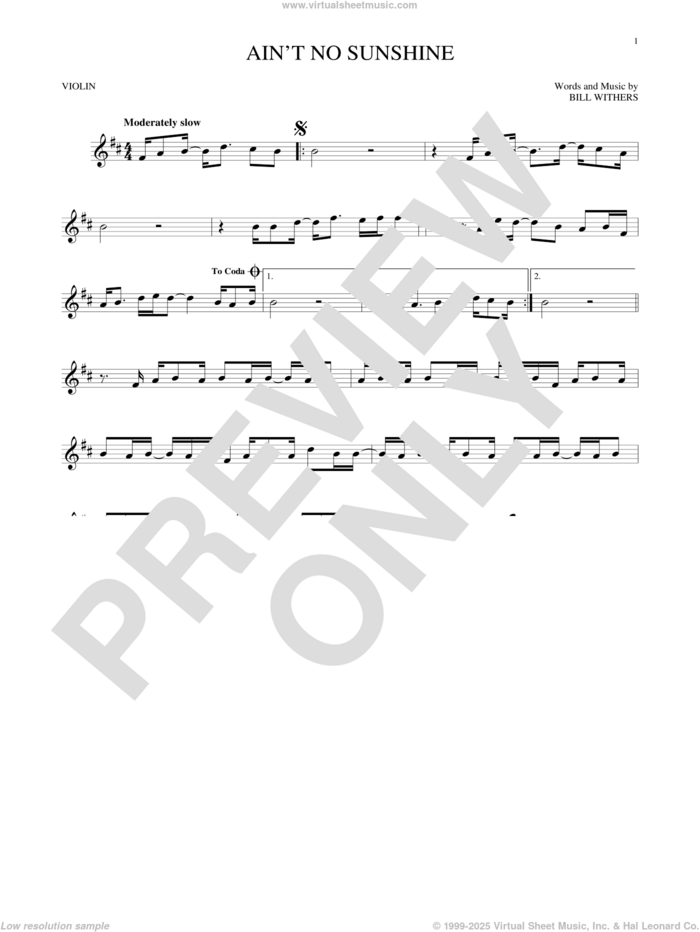 Ain't No Sunshine sheet music for violin solo by Bill Withers, intermediate skill level