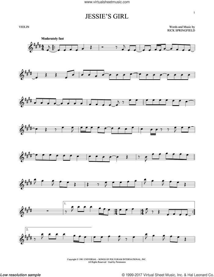 Jessie's Girl sheet music for violin solo by Rick Springfield, intermediate skill level