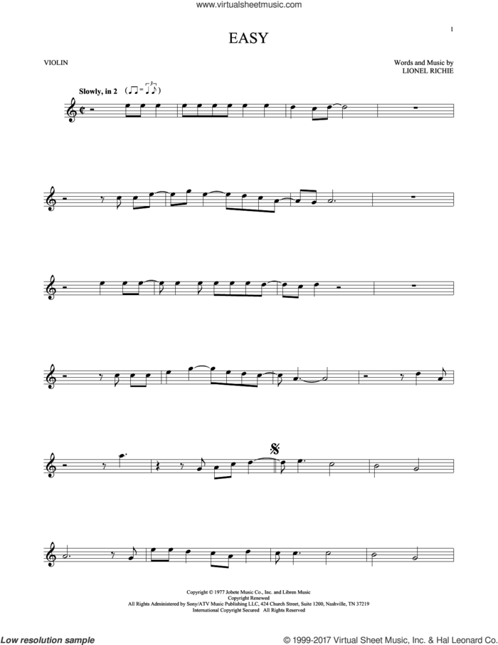 Easy sheet music for violin solo by The Commodores and Lionel Richie, intermediate skill level