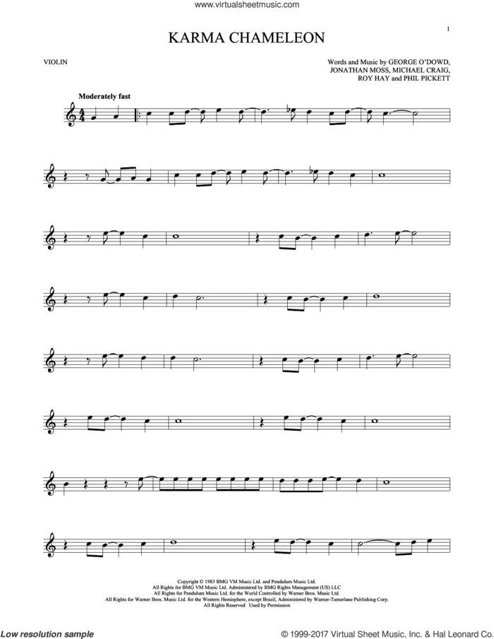 Karma Chameleon sheet music for violin solo by Culture Club, intermediate skill level