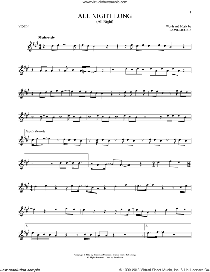All Night Long (All Night) sheet music for violin solo by Lionel Richie, intermediate skill level