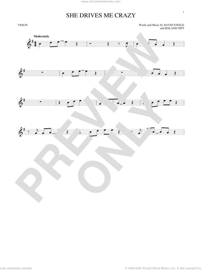 She Drives Me Crazy sheet music for violin solo by Fine Young Cannibals, David Steele and Roland Gift, intermediate skill level