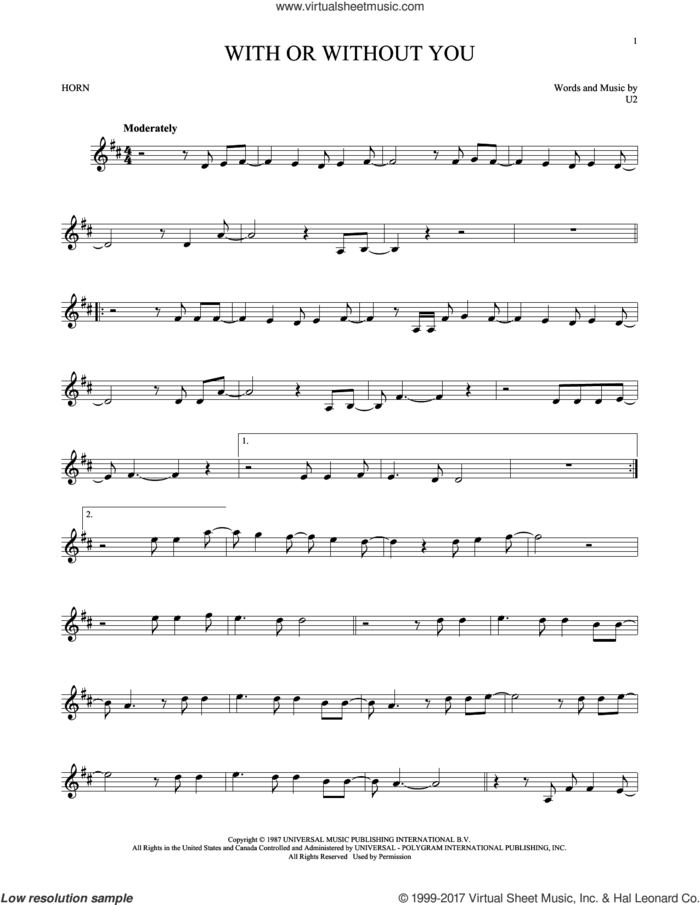 With Or Without You sheet music for horn solo by U2, intermediate skill level