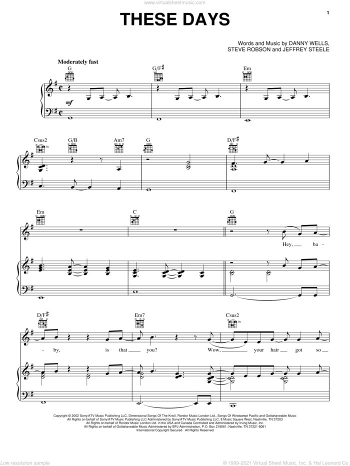 These Days sheet music for voice, piano or guitar by Rascal Flatts, Danny Wells, Jeffrey Steele and Steve Robson, intermediate skill level