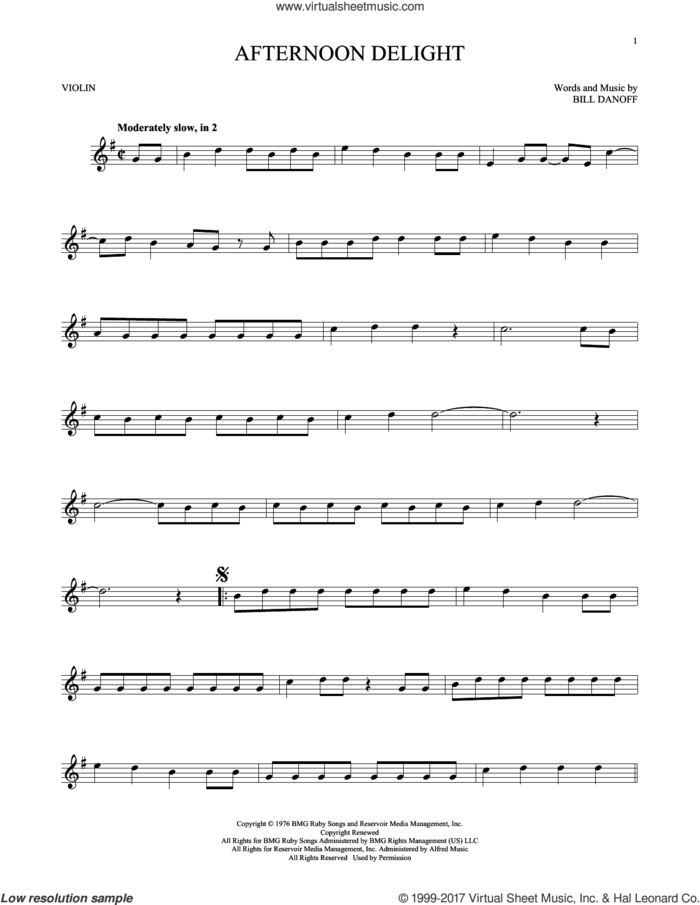 Afternoon Delight sheet music for violin solo by Starland Vocal Band and Bill Danoff, intermediate skill level