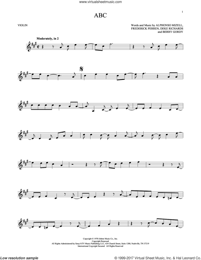 ABC sheet music for violin solo by The Jackson 5, Alphonso Mizell, Berry Gordy, Deke Richards and Frederick Perren, intermediate skill level