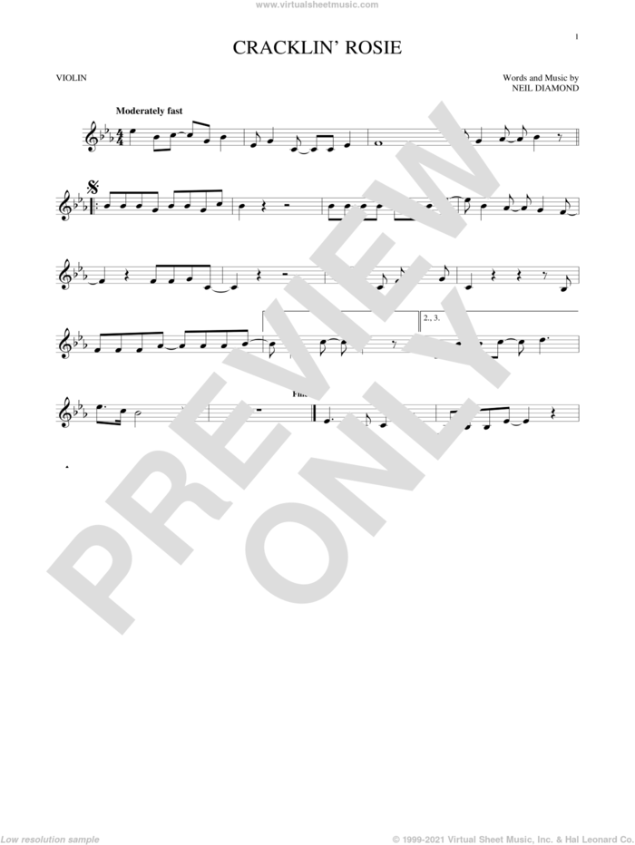 Cracklin' Rosie sheet music for violin solo by Neil Diamond, intermediate skill level