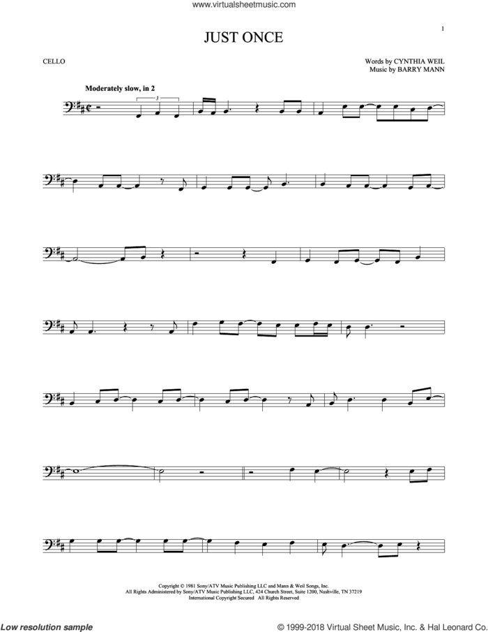 Just Once sheet music for cello solo by Quincy Jones featuring James Ingram, Barry Mann and Cynthia Weil, intermediate skill level