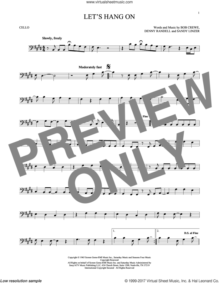 Let's Hang On sheet music for cello solo by The 4 Seasons, Manhattan Transfer, Bob Crewe, Denny Randell and Sandy Linzer, intermediate skill level