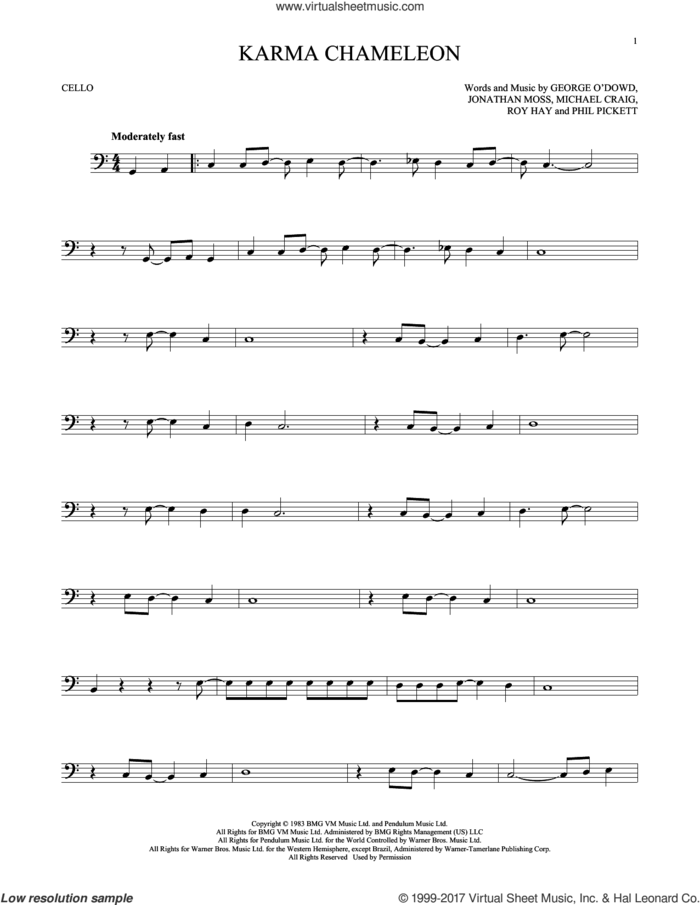Karma Chameleon sheet music for cello solo by Culture Club, Jonathan Moss, Michael Craig, Phil Pickett and Roy Hay, intermediate skill level