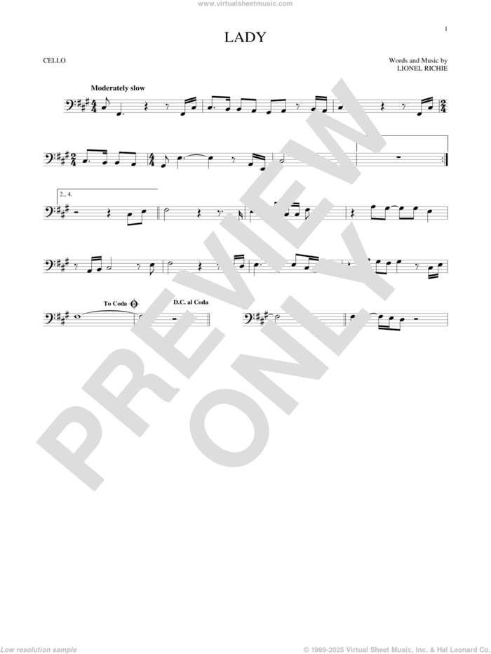 Lady sheet music for cello solo by Kenny Rogers and Lionel Richie, intermediate skill level