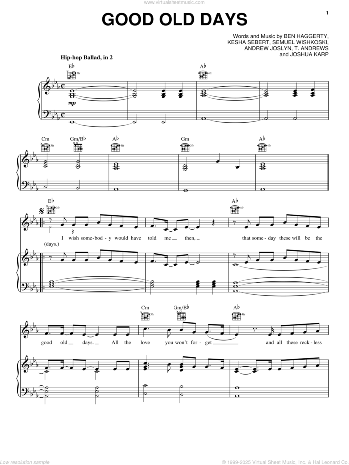 Good Old Days sheet music for voice, piano or guitar by Macklemore feat. Kesha, Andrew Joslyn, Ben Haggerty, Joshua Karp, Kesha Sebert, Samuel Wishkoski and Tyler Andrews, intermediate skill level