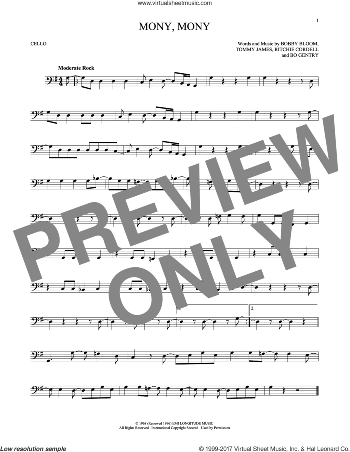 Mony, Mony sheet music for cello solo by Tommy James & The Shondells, Bo Gentry, Bobby Bloom and Ritchie Cordell, intermediate skill level