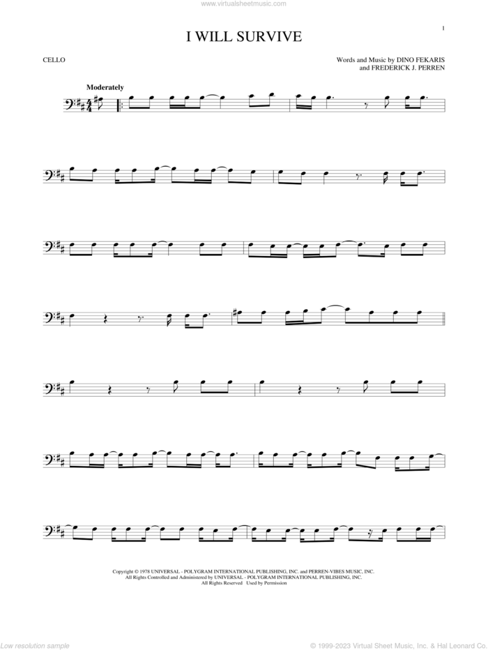 I Will Survive sheet music for cello solo by Gloria Gaynor, Dino Fekaris and Frederick Perren, intermediate skill level