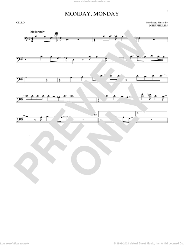 Monday, Monday sheet music for cello solo by The Mamas & The Papas and John Phillips, intermediate skill level