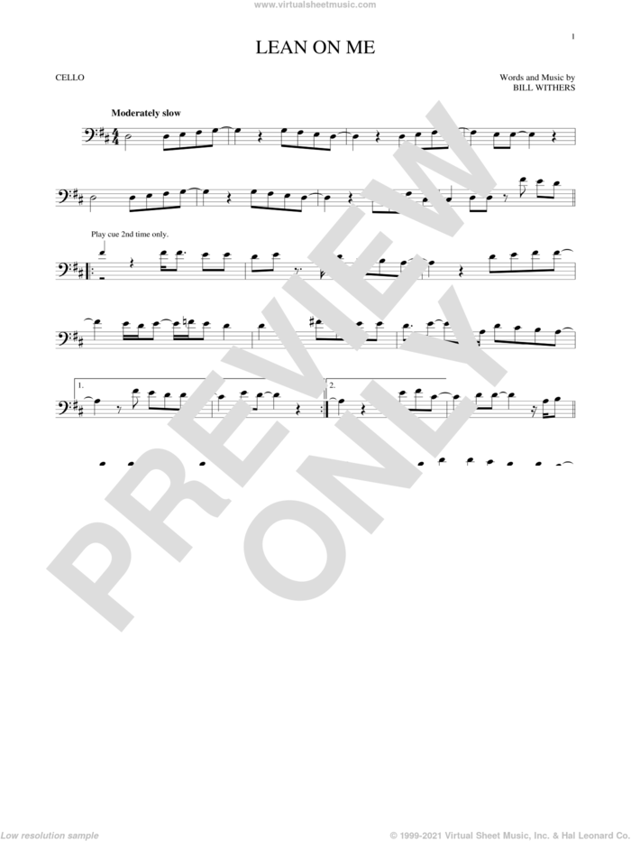 Lean On Me sheet music for cello solo by Bill Withers and Club Nouveau, intermediate skill level