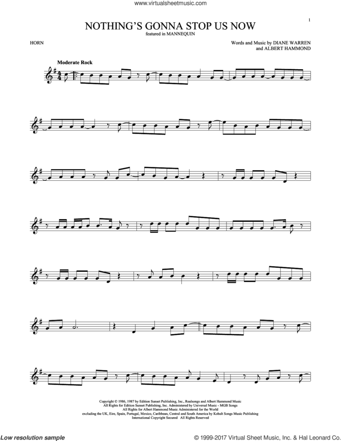 Nothing's Gonna Stop Us Now sheet music for horn solo by Starship, Albert Hammond and Diane Warren, intermediate skill level