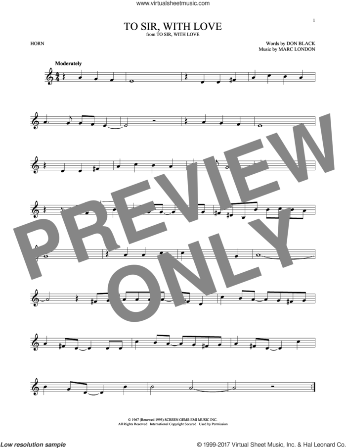 To Sir, With Love sheet music for horn solo by Lulu, Don Black and Marc London, intermediate skill level