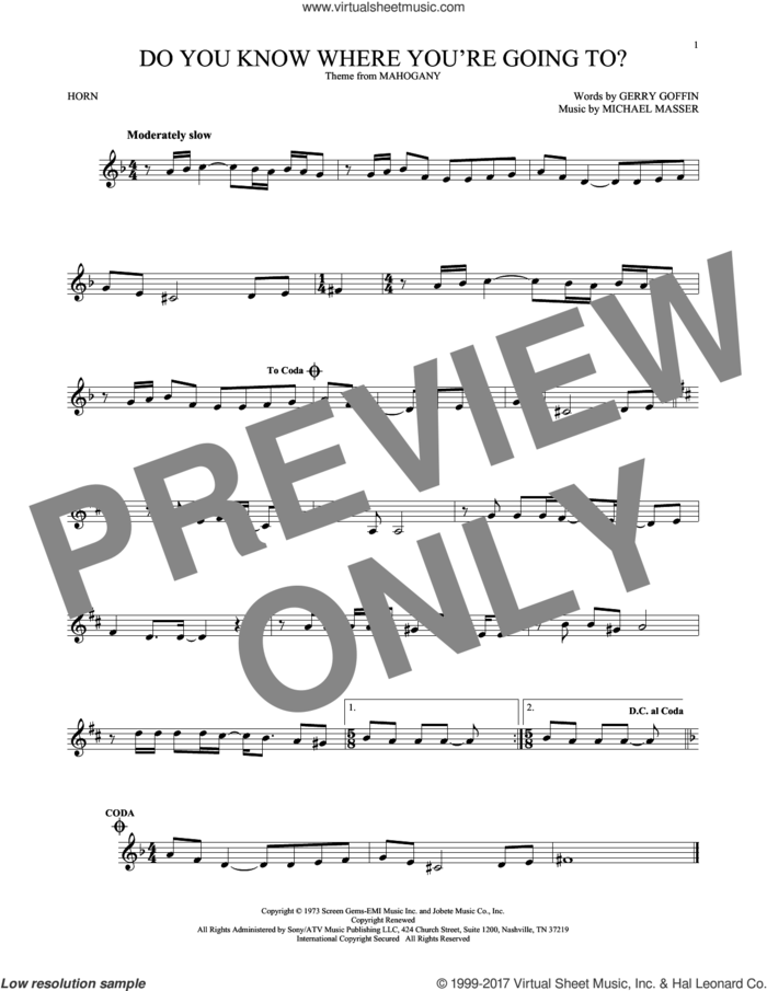 Do You Know Where You're Going To? sheet music for horn solo by Diana Ross, Gerry Goffin and Michael Masser, intermediate skill level